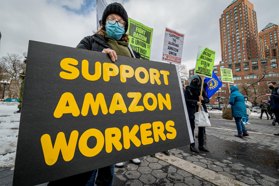 Members of the Workers Assembly Against Racism gathered across from an Amazon-owned Whole Foods Market in Manhattan for a nationwide solidarity event with the unionizing Amazon workers in Bessemer, Alabama. (Photo: Erik McGregor/LightRocket/Getty Images)