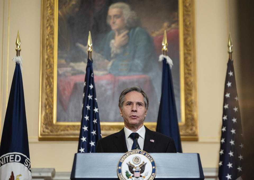 Secretary of State Antony Blinken speaks on foreign policy at the State Department, Wednesday, March 3, 2021 in Washington. (Andrew Caballero-Reynolds/Pool via AP)