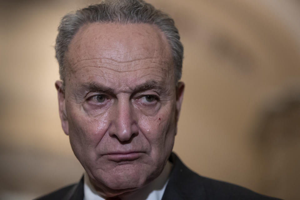 Senate Minority Leader Chuck Schumer, D-N.Y., speaks to reporters about the possibility of a partial government shutdown, at the Capitol in Washington, Tuesday, Dec. 18, 2018. Congress and President Donald Trump continue to bicker over his demand that lawmakers fund a wall along the U.S.-Mexico border, pushing the government to the brink of a partial shutdown at midnight Friday. (AP Photo/J. Scott Applewhite)