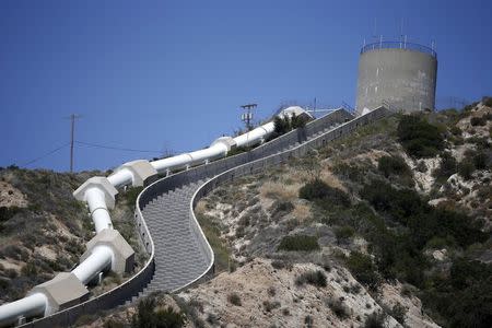 The Cascades of the Los Angeles-Owens River Aqueduct, which carries millions of gallons of water over 374 km (233 miles) to supply the city of Los Angeles, are seen in Sylmar, California April 15, 2015. REUTERS/Lucy Nicholson