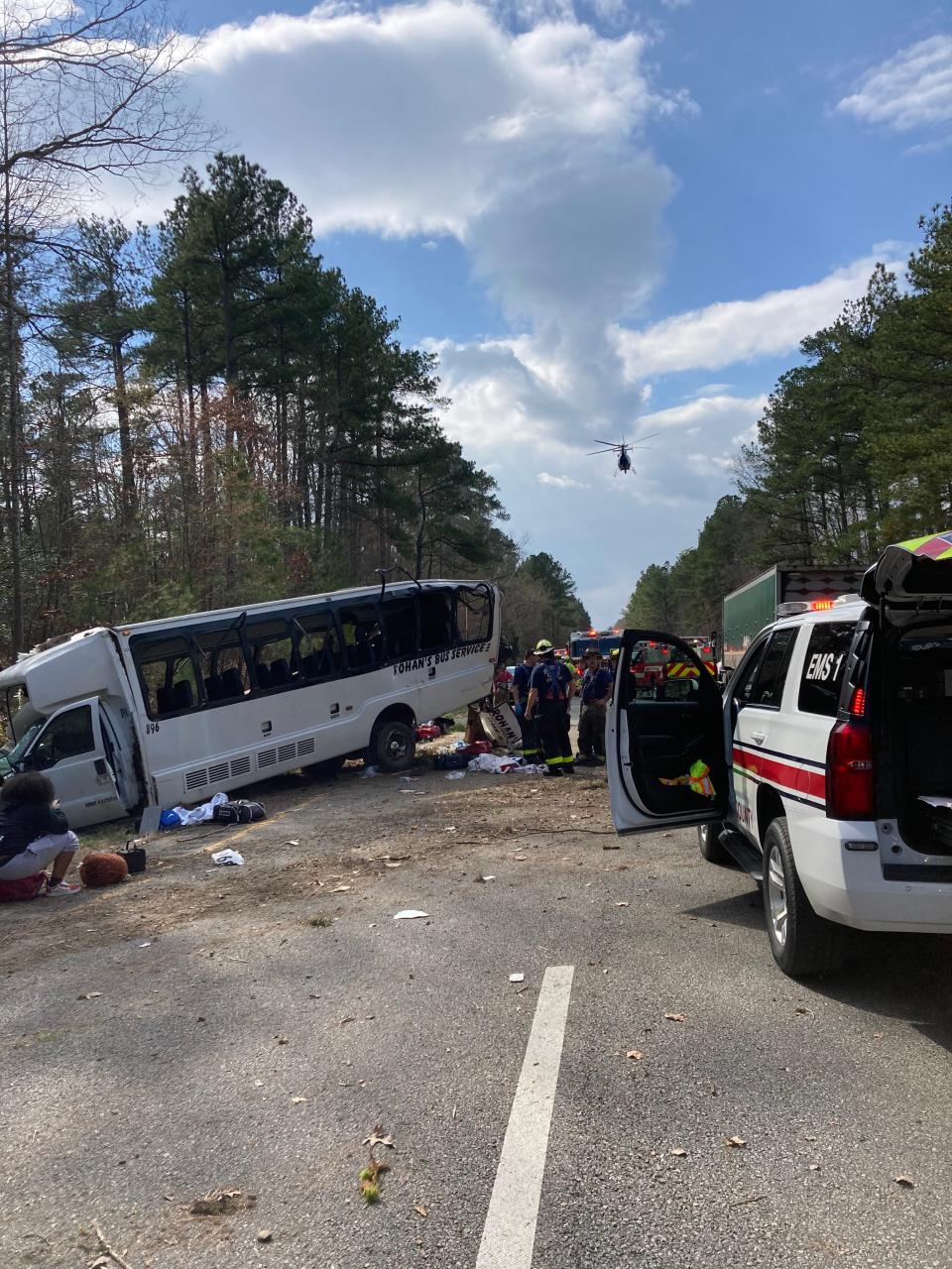 Ten passengers and a bus driver were injured Thursday morning after a charter bus carrying Delaware State University’s women’s bowling team crashed at the site.
