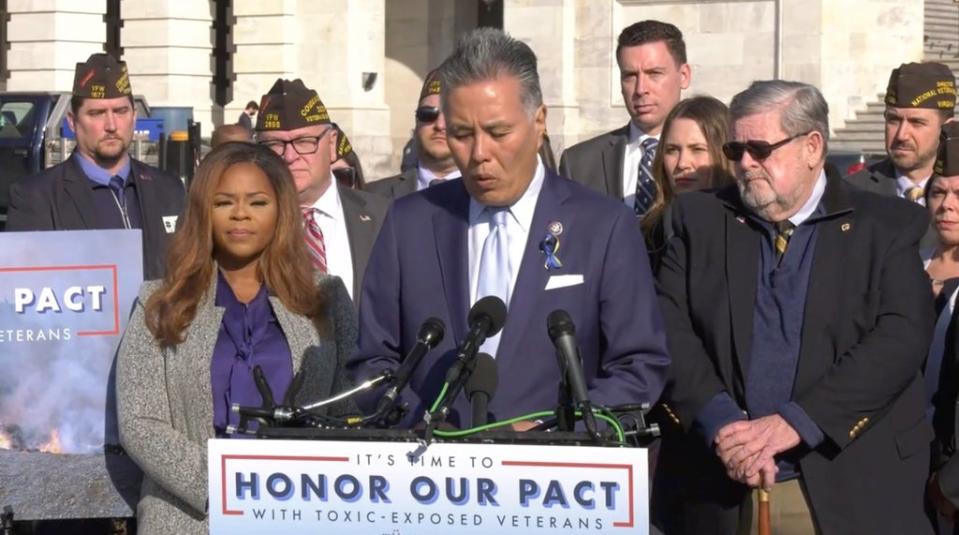 Rep. Takano speaking at Wednesday’s rally on Capitol Hill with veterans, lawmakers and advocates (John Feal)