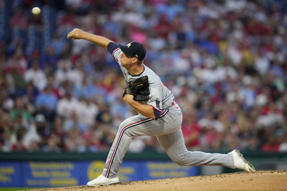 Minnesota Twins' Josh Winder pitches during the second inning of a baseball game against the Philadelphia Phillies, Friday, Aug. 11, 2023, in Philadelphia. (AP Photo/Matt Slocum)