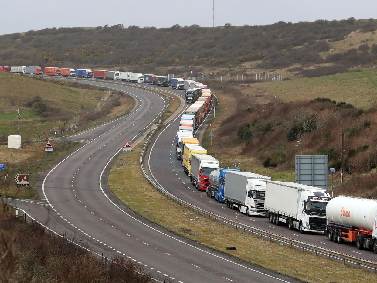 File: lorries queue at the entrance to the Port of Dover in Kent: PA