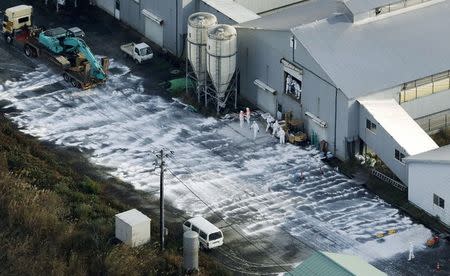 FILE PHOTO: Workers wearing protective suits cull chickens after birds were found dead at a poultry farm in Sekikawa town, Niigata prefecture, Japan, in this photo taken by Kyodo November 29, 2016. Mandatory credit Kyodo/via REUTERS/File Photo ATTENTION EDITORS - THIS IMAGE WAS PROVIDED BY A THIRD PARTY. EDITORIAL USE ONLY. MANDATORY CREDIT. JAPAN OUT.