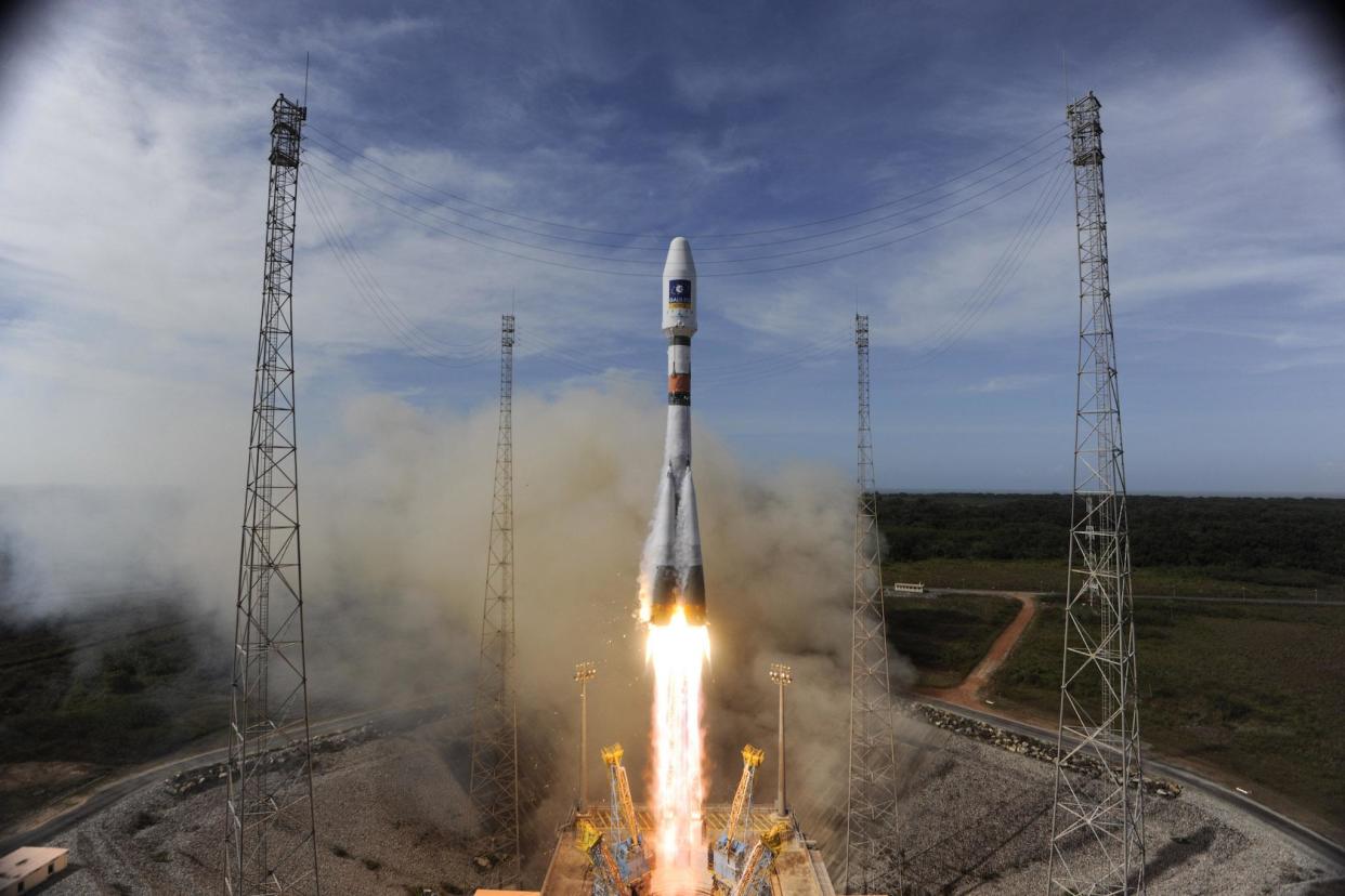 In this handout image supplied by the European Space Agency (ESA), the Soyuz rocket lifts off for the third time from Europe's Spaceport in French Guiana on its mission to place the second pair of Galileo In-Orbit Validation satellites into orbit, on October 12, 2012: S. Corvaja /ESA via Getty Images