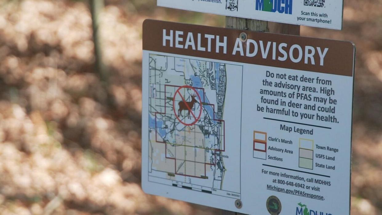 PHOTO: Signs warn hunters in Oscoda, Mich., along the shorts of Lake Huron not to eat the deer they kill because of high levels of PFAS chemicals. (ABC News)