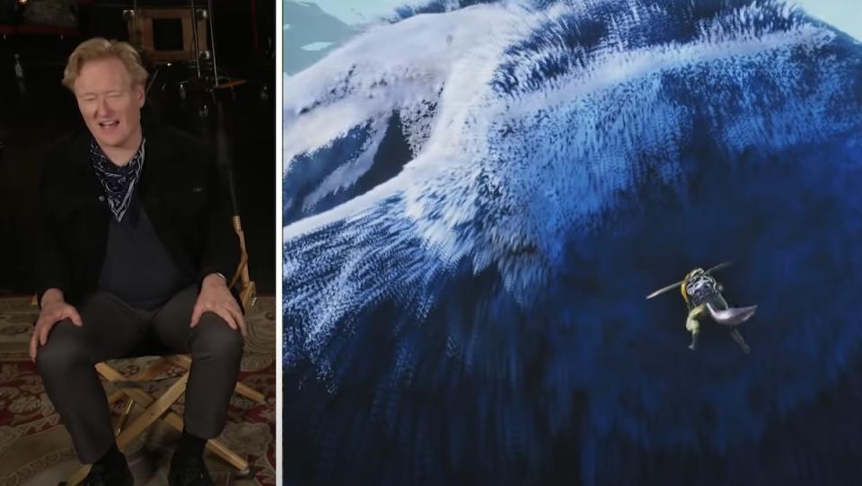 Conan O'Brien sits in a chair in a split screen next to a shot of thegame Biomutant where a small character has his head stuck in the anus of a large blue monster