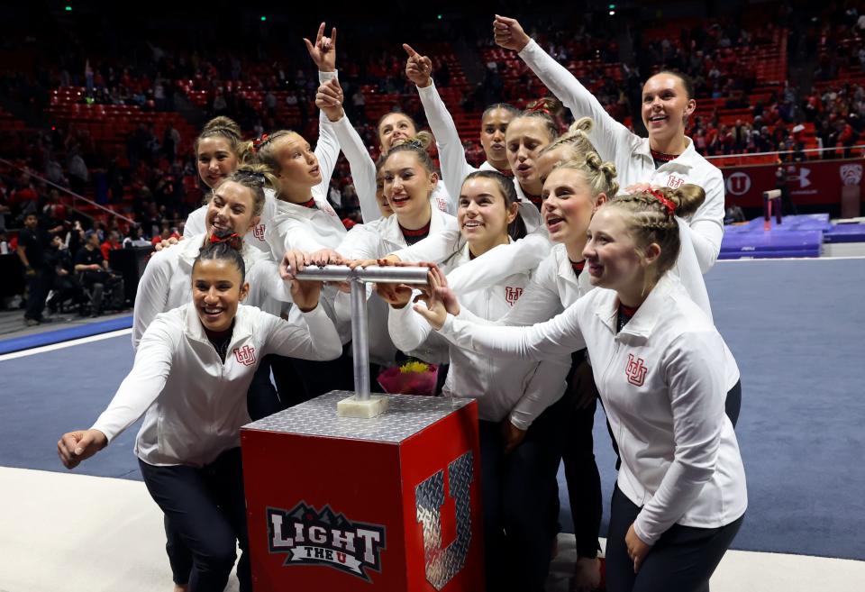 The Utah Red Rocks light up the U after winning a gymnastics meet against Oregon State at the Huntsman Center in Salt Lake City on Friday, Feb. 2, 2024. | Kristin Murphy, Deseret News