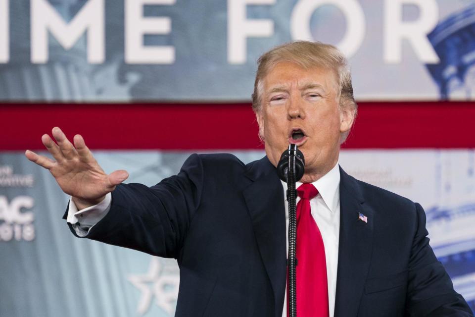 US President Donald J Trump addresses the 45th annual Conservative Political Action Conference: EPA