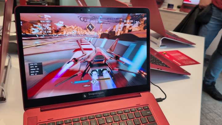 A racing game running on a laptop with the Snapragon X Elite chip