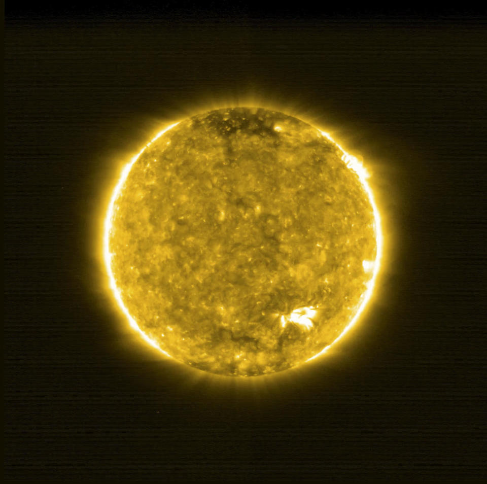 This image, provided by the European Space Agency (ESA) on Thursday, July 16, 2020, shows the sun. The Extreme Ultraviolet Imager (EUI) on ESA's Solar Orbiter spacecraft took this image on May 30, 2020. It shows the sun's appearance at a wavelength of 17 nanometers, which is in the extreme ultraviolet region of the electromagnetic spectrum. / Credit: AP