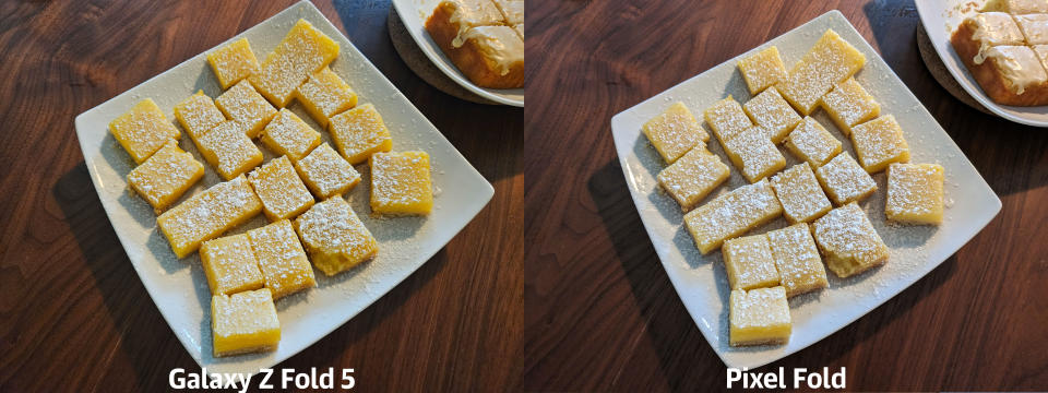 <p>A photo comparison between the Samsung Galaxy Z Fold 5 and the Google Pixel Fold.</p> 