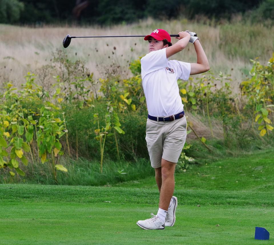 Justin Peters, senior at Bridgewater-Raynham, tees off on the 5th at Old Scotland Links in Bridgewater in a match against Brockton on Monday, Sept. 19, 2022.
