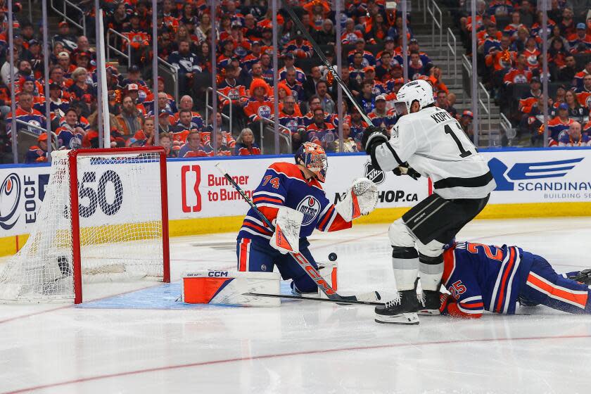 Kings center Anze Kopitar scores the game-winning goal in overtime of Game 2 against the Edmonton Oilers