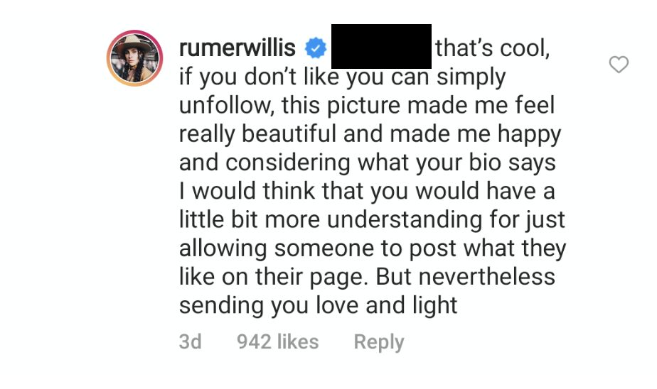 Rumer Willis clapped back at an Instagram hater. (Screenshot: Instagram/Rumer Willis)