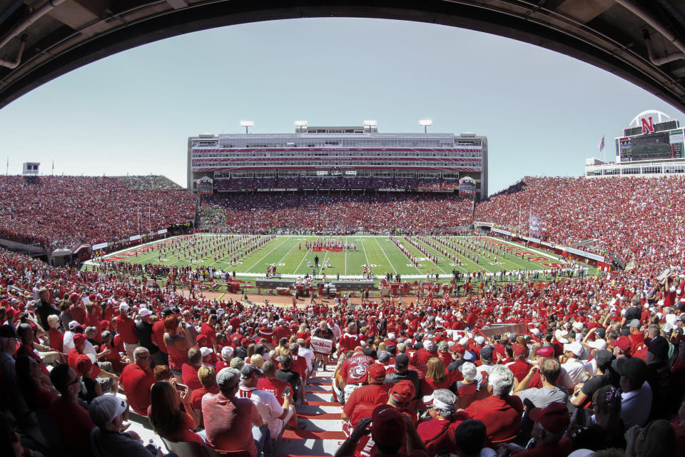 FILE - Nebraska fans fill Memorial Stadium for an NCAA college football game against Oregon in Lincoln Neb., Saturday, Sept. 17, 2016. Nebraska's goal was to set the NCAA women's volleyball attendance record when it announced the “Volleyball Day in Nebraska” outdoor event at Memorial Stadium in Lincoln this summer. With almost 83,000 tickets sold for the Aug. 30, 2023, doubleheader, Nebraska now hopes to set the record for any women's sporting event in the United States and maybe the world. (AP Photo/Nati Harnik, File)