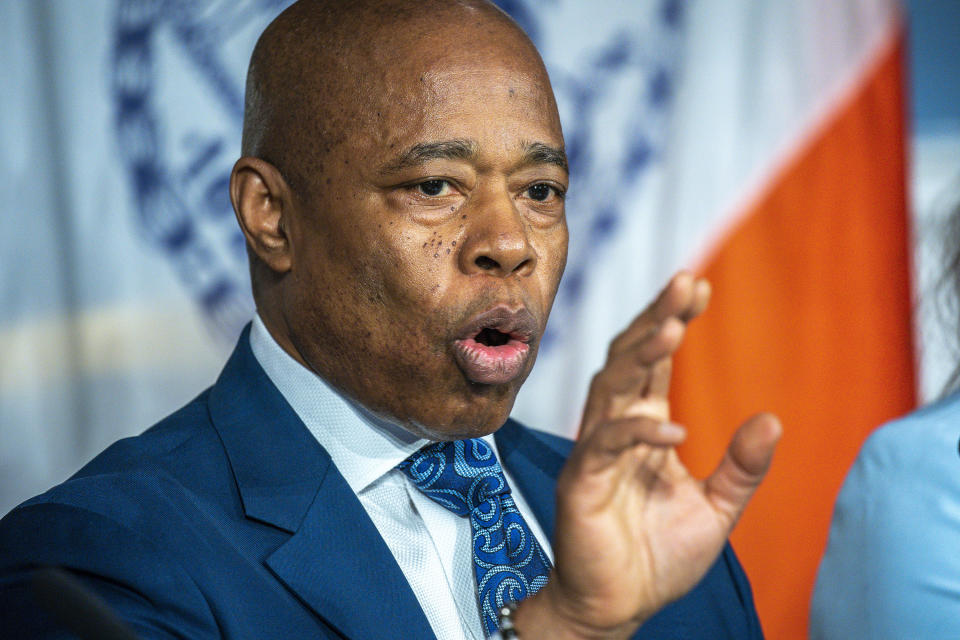 New York City Mayor Eric Adams speaks during a news conference at City Hall in New York, Tuesday, March 19, 2024. (AP Photo/Eduardo Munoz Alvarez)