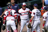 Chicago White Sox manager Tony La Russa (22) celebrates with his team after the Chicago White Sox defeated the Detroit Tigers in a baseball game in Chicago, Sunday, June 6, 2021. Tony La Russa is second on the managerial career wins list with 2, 764. (AP Photo/Nam Y. Huh)