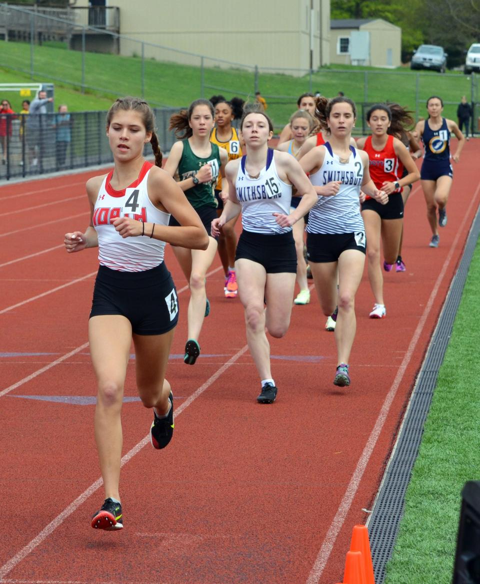 North Hagerstown's Lauren Stine leads the girls 1,600-meter run on her way to victory in a personal-record time of 5:16.68 at the Chuck Zonis Track & Field Invitational at North.