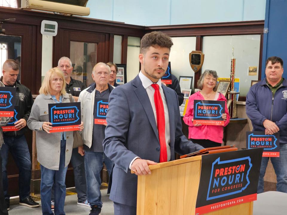Preston Nouri, 25, of Erie, announces his bid for the Democratic nomination for the 16th Congressional District seat at the United Steelworkers Local 3199 office on Thursday, Oct. 19, 2023. The seat is currently held by Republican Rep. Mike Kelly of Butler. Kelly is seeking an eighth term in 2024.