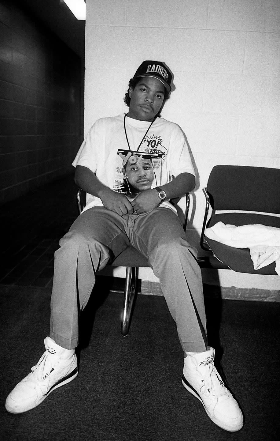 <p>While backstage at the Genesis Convention Center in Gary, Indiana, Ice Cube takes a seat and waits for his performance. In 1989, Ice Cube left N.W.A. and launched his solo career. His first solo album debuted in 1990. </p>