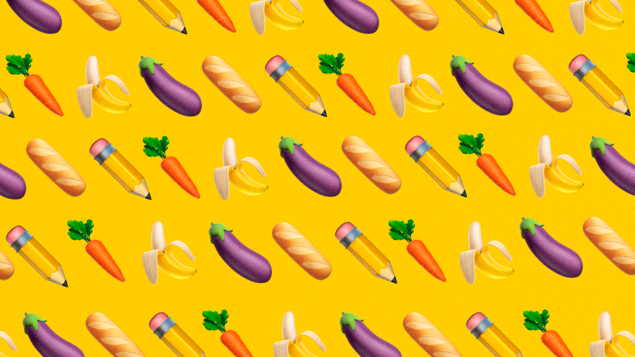 An illustration shows eggplants, baguettes, pencils, carrots and bananas.