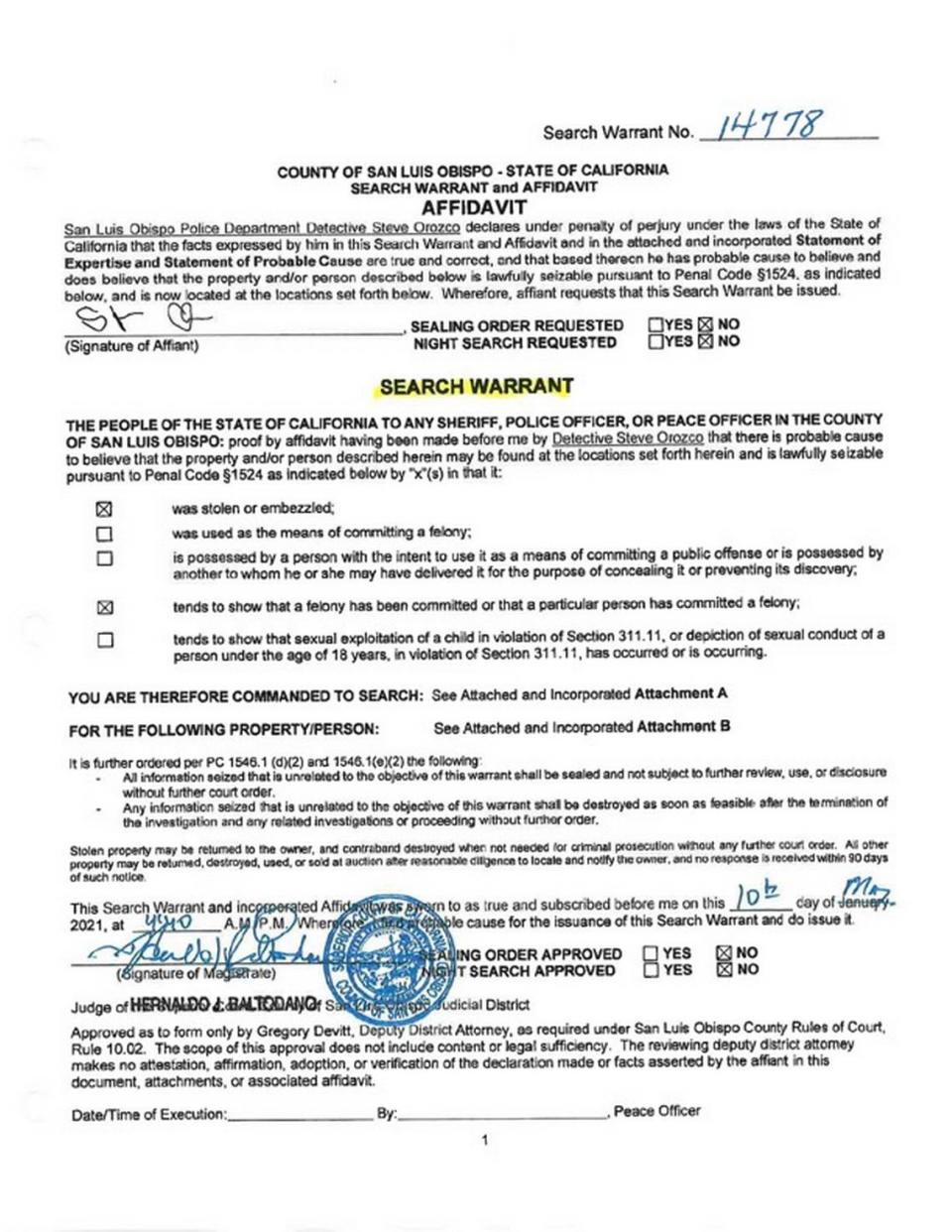 The first page of the search warrant San Luis Obispo police officers attempted to carry out at the residence of Edward Giron. In the attempt on May 10, 2021, Det. Luca Benedetti was killed and Det. Steve Orozco was injured. Giron was also killed during the shootout.