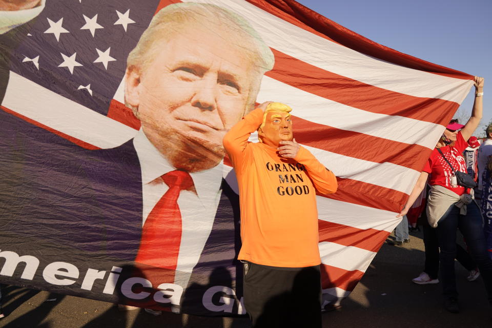 A person in a President Donald Trump mask poses for photos in front of a background with Trump on it as supporters attend pro-Trump marches, Saturday Nov. 14, 2020, in Washington. (AP Photo/Jacquelyn Martin)