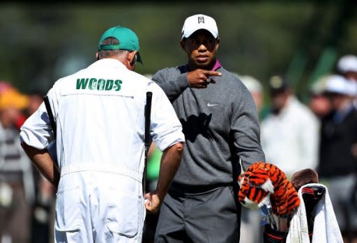 Tiger Woods with his caddie Steve Williams during a practice round in Augusta on Wednesday ahead of the 2011 Masters Tournament at Augusta National Golf Club