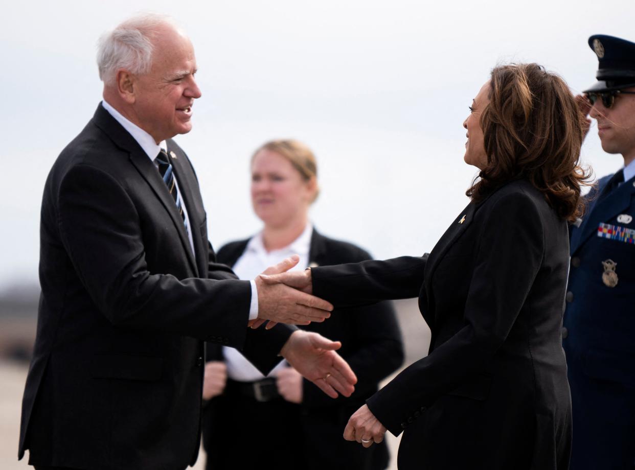 Minnesota Gov. Tim Walz welcomes Vice President Kamala Harris to Saint Paul on March 14, 2024.