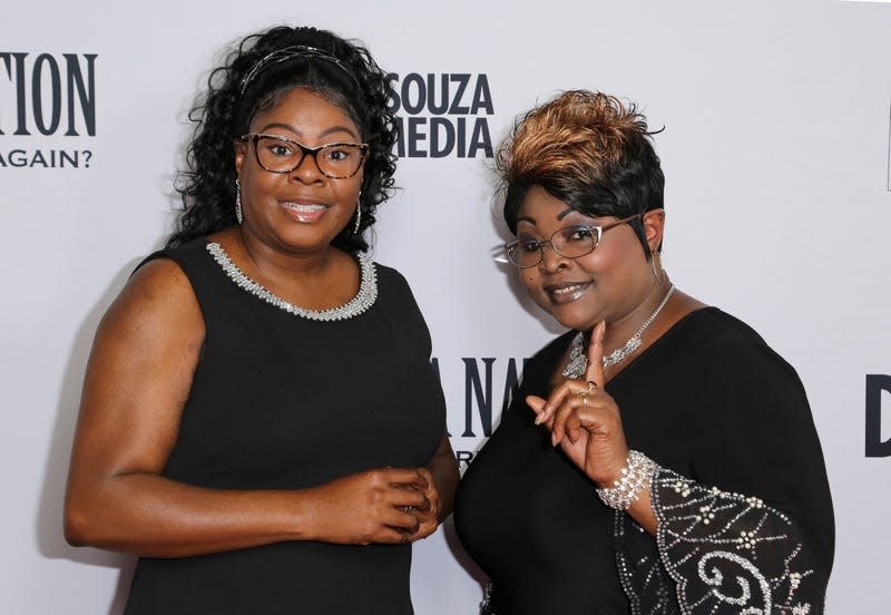 Lynnette Hardaway, left, and Rochelle Richardson, a.k.a. Diamond and Silk, arrive at the LA Premiere of “Death of a Nation” at the Regal Cinemas at L.A. Live on July 31, 2018, in Los Angeles.