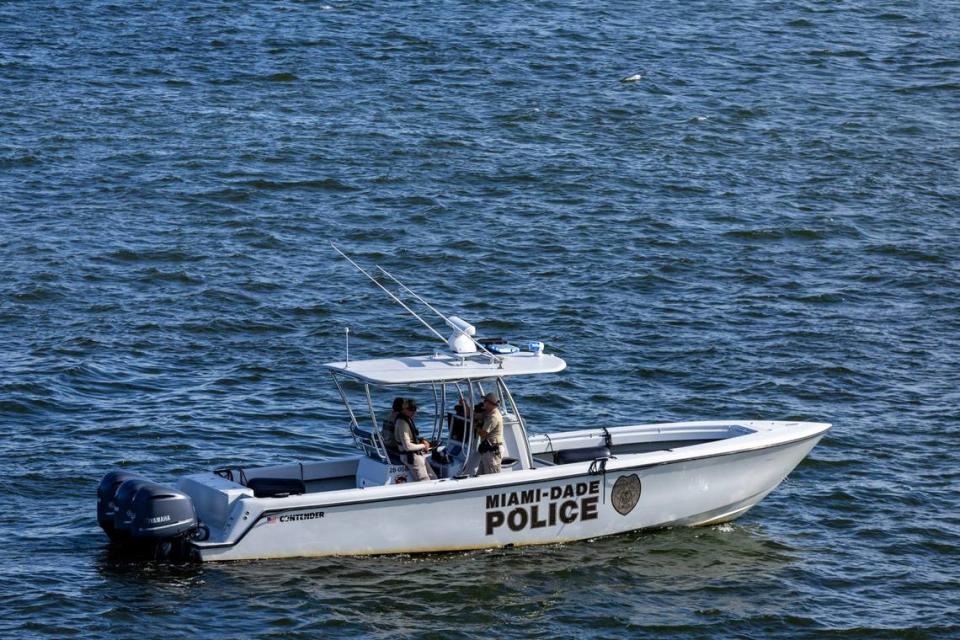A Miami-Dade Police boat patrols the waters during a South Florida Public Safety Regional Assets in Action Demonstration showcasing an active threat response incident in Biscayne Bay as part of the annual 2024 National Homeland Security Conference at PortMiami, Terminal J on Wednesday, July 24, 2024, in Miami, Fla.