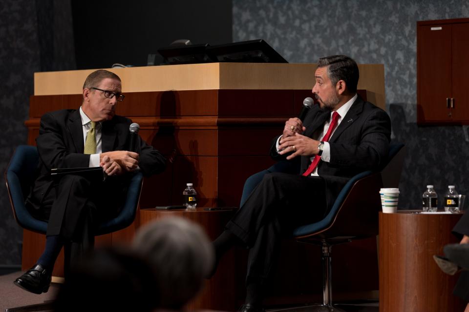 Texas state Sen. César Blanco, D-El Paso, right, speaks at a Texas Tribune panel discussion on Tuesday at UTEP's Undergraduate Learning Center. At left is Texas Tribune CEO Evan Smith.