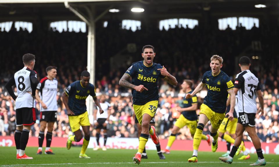 <span>Bruno Guimarães celebrates scoring Newcastle’s winning goal against Fulham</span><span>Photograph: Alex Davidson/Getty Images</span>