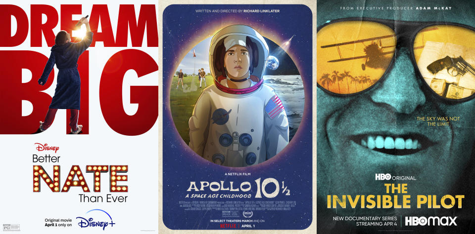 En esta combinación de fotografías "Better Nate Than Ever", una película que se estrena el 1 de abril en Disney+, "Apollo 10 1/2: A Space Childhood", que se estrena el 1 de abril en Netflix y "The Invisible Pilot" una serie de tres partes que se estrena el 4 de abril en HBO Max. (Disney+/Netflix/HBO Max via AP)