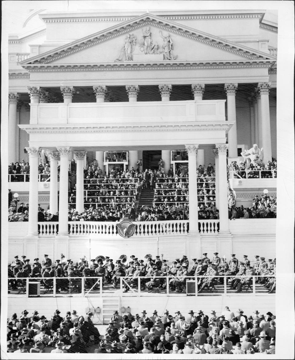 Harry Truman recites&nbsp;his inaugural address to&nbsp;130,000 people&nbsp;in the Capitol Plaza&nbsp;in&nbsp;1949, as his first full term in office begins.