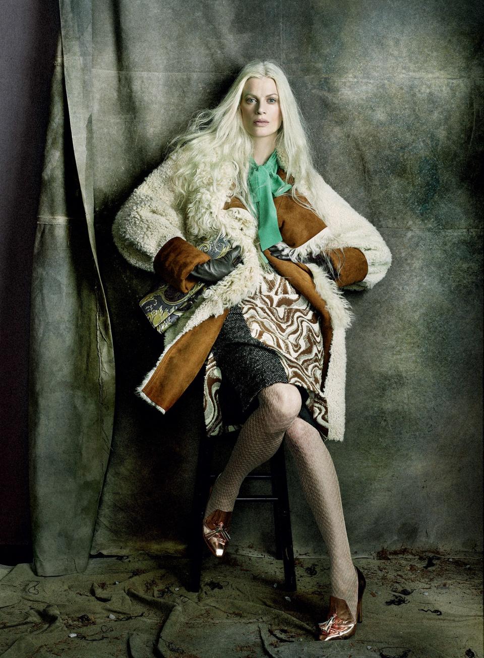 Kristen McMenamy wears a white Mongolian shearling coat by Fendi.