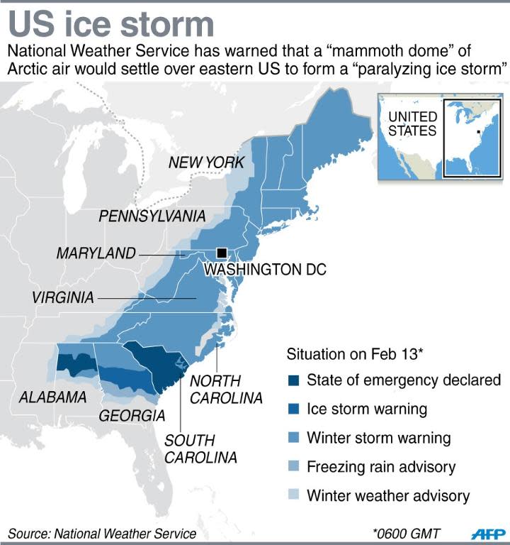 Map showing areas affected by ice storms in eastern United States
