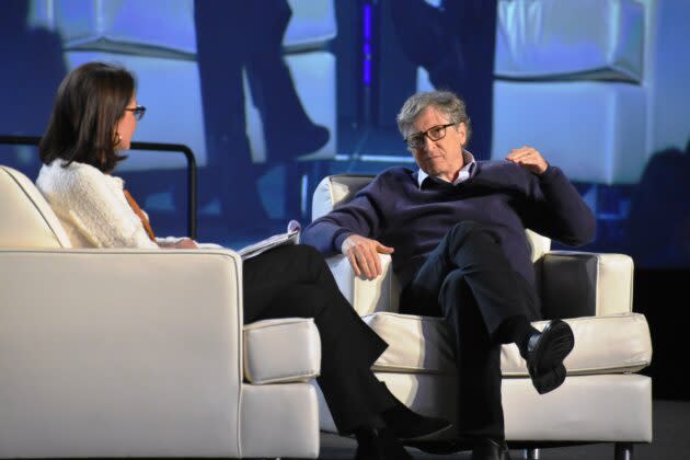 Microsoft co-founder Bill Gates makes a point during a Q&A with Margaret Hamburg, board chair for the American Association for the Advancement of Science. (GeekWire Photo / Alan Boyle)