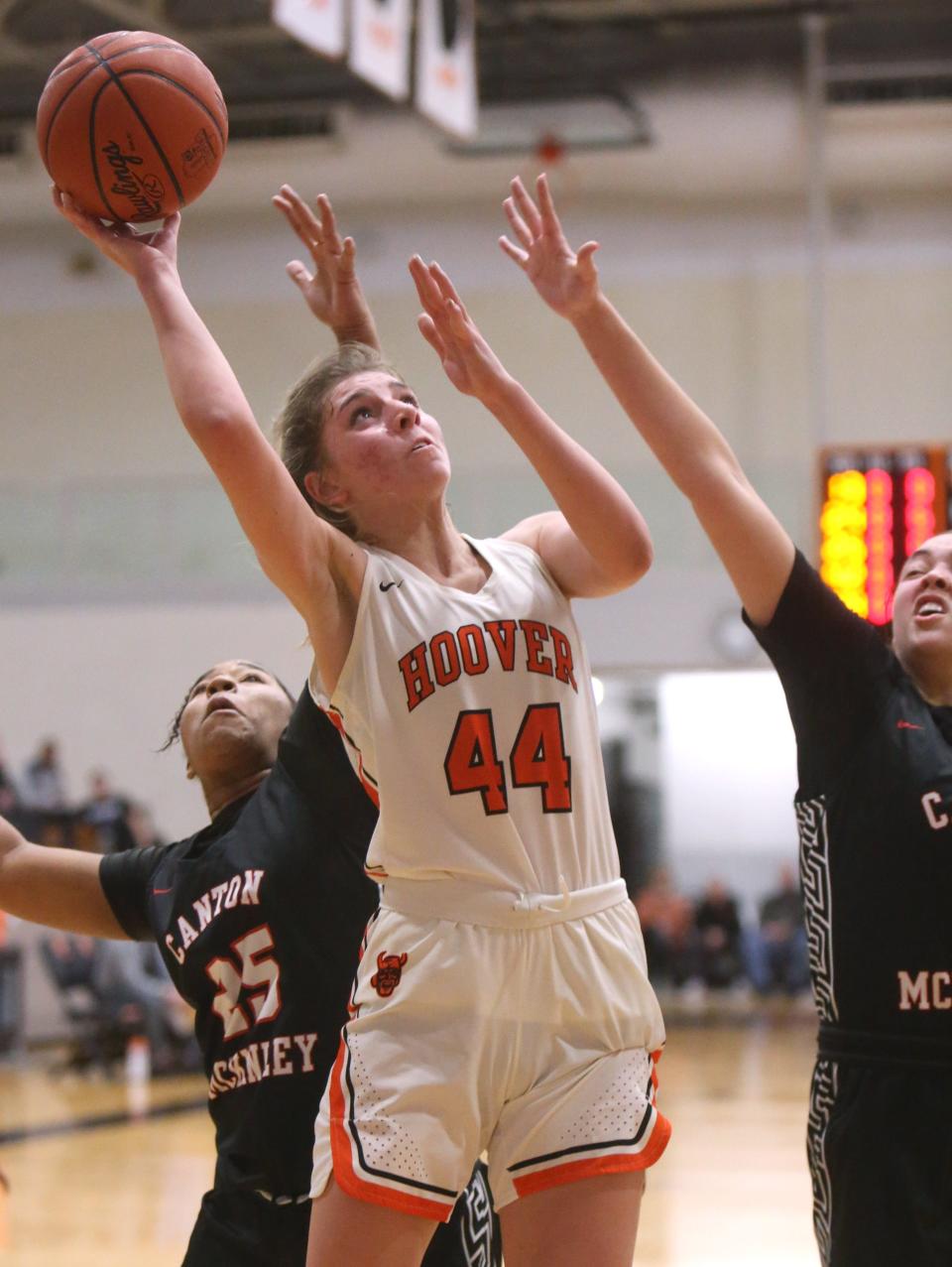 Hoover's Grace Craig (44), shown here during a game last season, led the Vikings to a convincing win over Garfield in Friday's season opener.