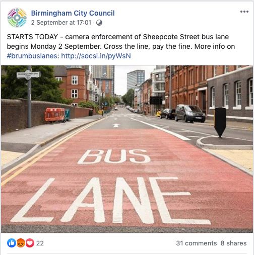 Birmingham City Council's Facebook post warning motorists of the new bus lane.