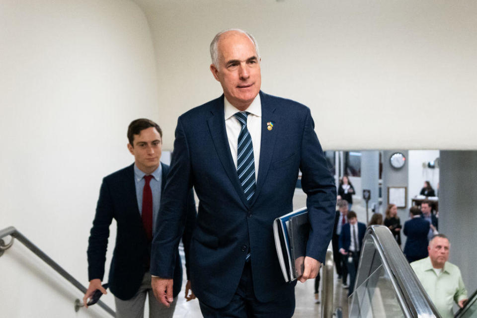 File: Sen. Bob Casey, Jr., D-Pa., arrives for a vote in the Capitol on Thursday, November 2, 2023.  / Credit: Bill Clark/CQ-Roll Call, Inc via Getty Images