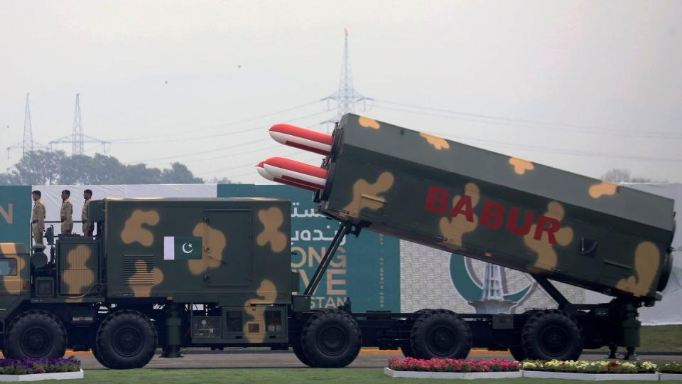 Pakistan--made anti-surface guided missiles Babur and the launcher are displayed during a military parade on March 23, 2024. (AP)