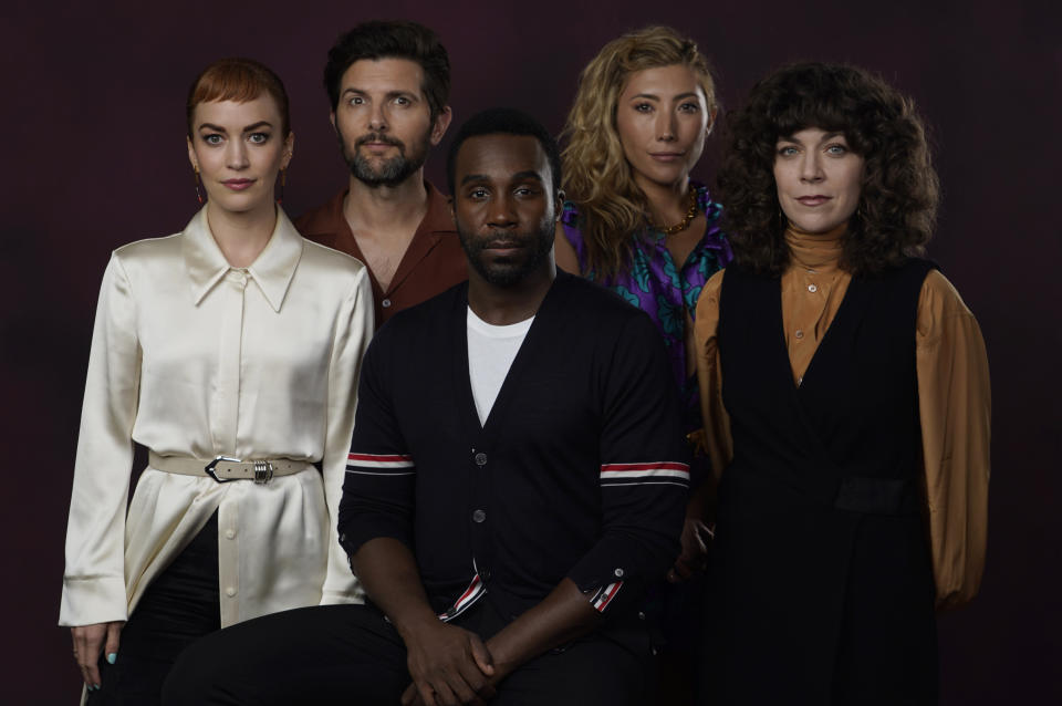 Britt Lower, from left, Adam Scott, Tramell Tillman, Dichen Lachman and Jen Tullock pose for a portrait to promote "Severance" on day one of Comic-Con International on Thursday, July 21, 2022, in San Diego. (AP Photo/Chris Pizzello)