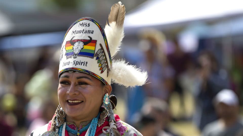 Buffalo Barbie, 2019's Miss Montana Two-Spirit, dances at the Native Two-Spirit Powwow at South Mountain Community College in Phoenix, Arizona, in March 2019. - Thomas Hawthorne/The Republic/USA Today Network