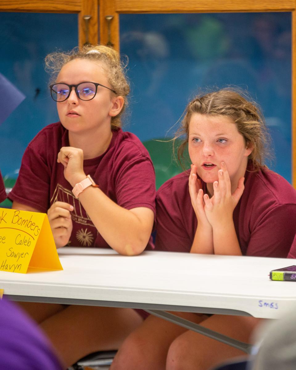 Silver Lake Elementary sixth-graders Lydia Rossow and Emmalee Fisher wrack their brains for the answer to a question at the War on 24 Battle of the Books competition between Silver Lake, Rossville and St. Marys elementary schools.