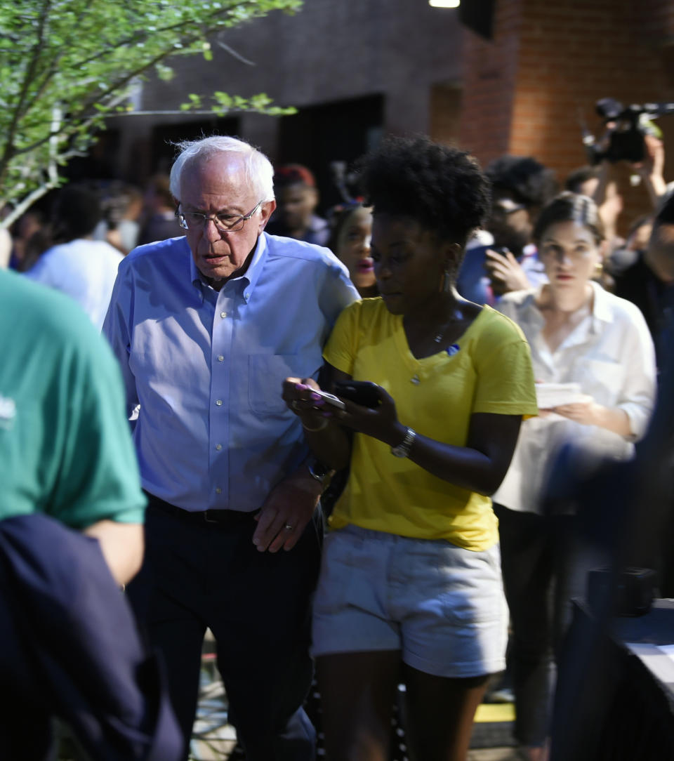 Vermont Sen. Bernie Sanders arrives at Majority Whip Jim Clyburn's "World Famous Fish Fry" on Friday, June 21, 2019, in Columbia, S.C. The event has become a mainstay on the campaign trail through this early-voting state. (AP Photo/Meg Kinnard)