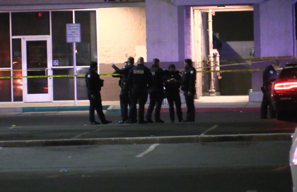 Fresno Police investigate an officer-involved shooting near the department’s substation on Saturday, March 18, 2023. The man later died at the hospital.