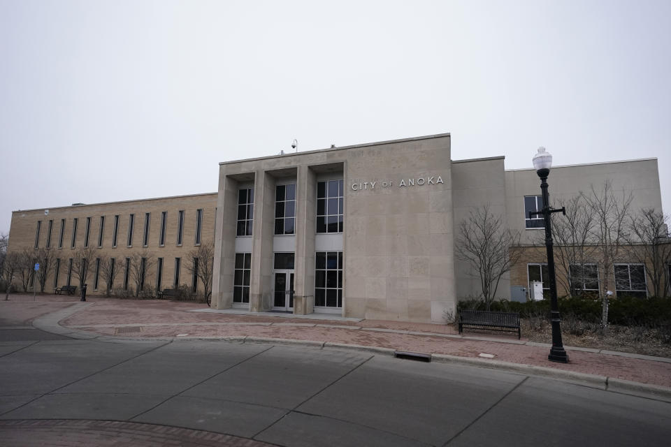 Anoka City Hall is pictured Saturday, Feb. 3, 2024, in Anoka, Minn. Hundreds of U.S. communities have enacted “crime-free” laws that encourage and allow landlords to evict tenants after repeated calls to police or for emergency services. Proponents say the laws help reduce crime, but the U.S. Department of Justice last year found that the Minneapolis suburb used its ordinance to illegally discriminate against people with mental illnesses (AP Photo/Abbie Parr)